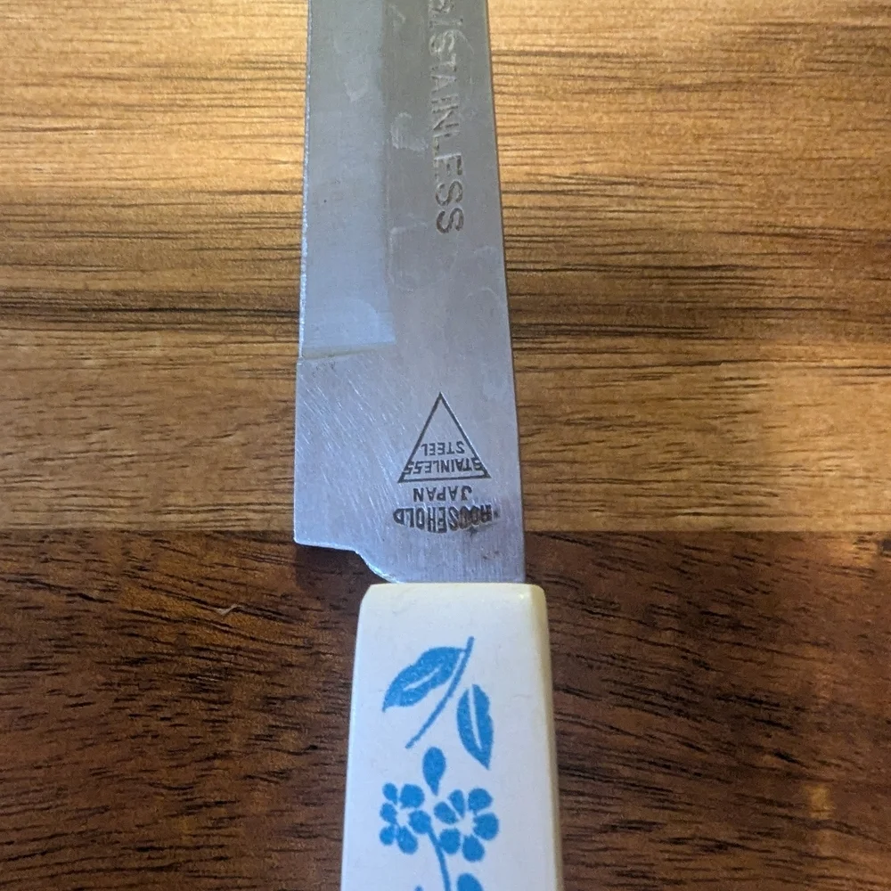 Vintage Stainless Steel Kitchen Knife with Blue/White Cornflower Floral Handle